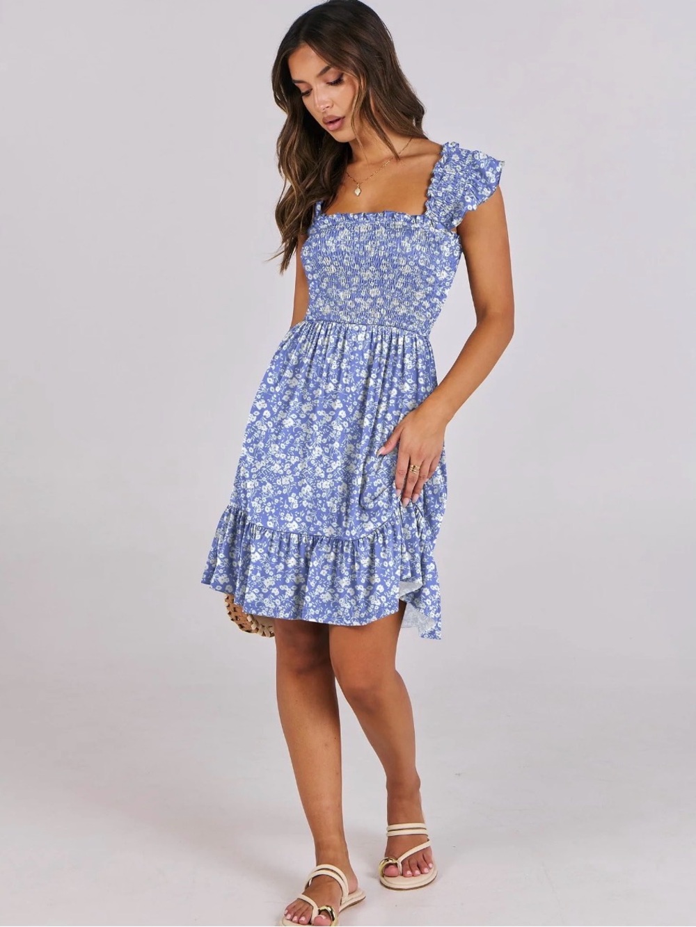 ANRABESS Ruffle Smocked Square Neck Sundress